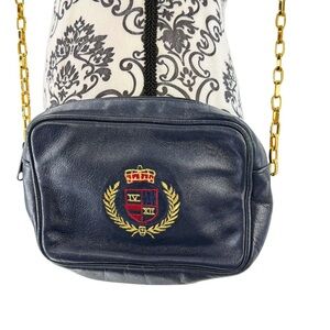 Rare L.J. Simone Navy Blue Leather Purse Gold Chain Embroidered Crest Emblem